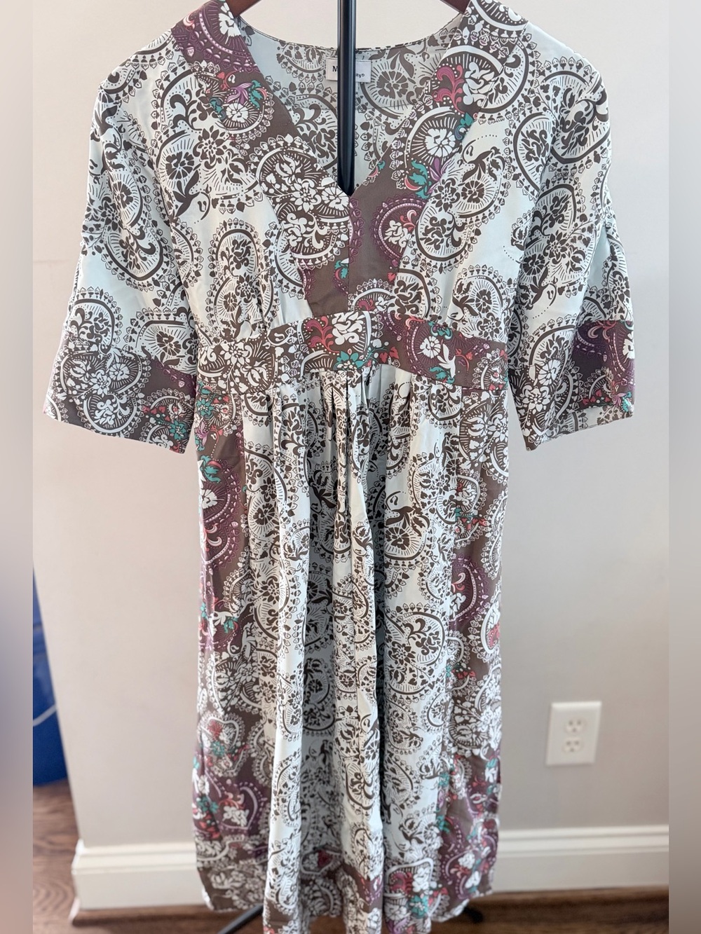 Mimi Maternity Paisley V-Neck Dress in White, Brown and Teal